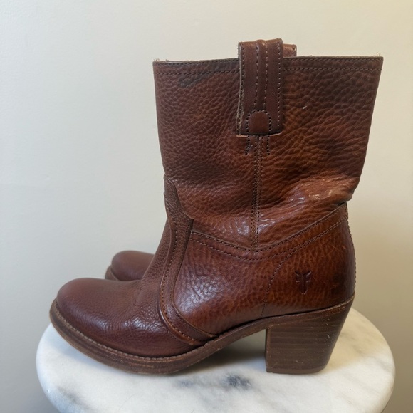 Frye Jane Trapunto Heeled Short Bootie Boots Saddle Brown Leather Size 5.5 - Picture 6 of 11